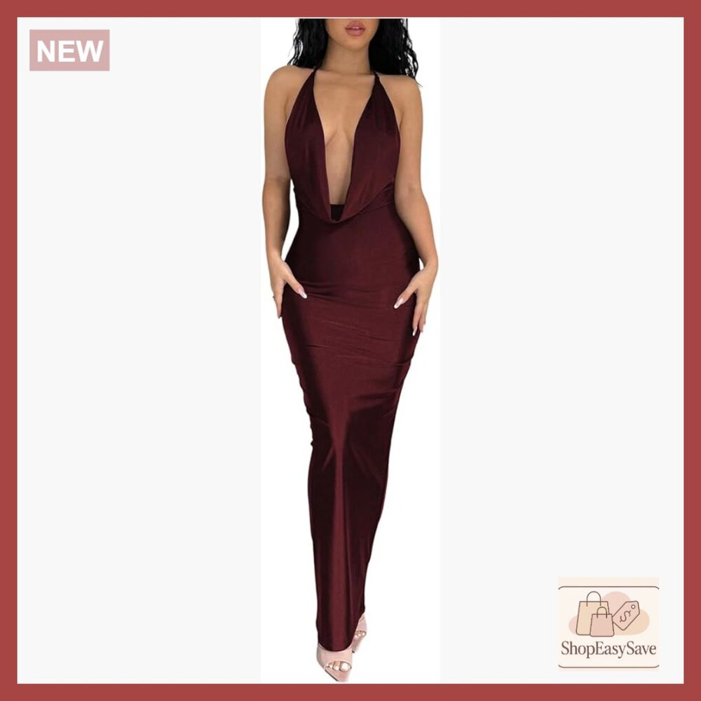 Tie Backless Halter Maxi Dress Elegant Bodycon Cowl Neck Cocktail Party Wear